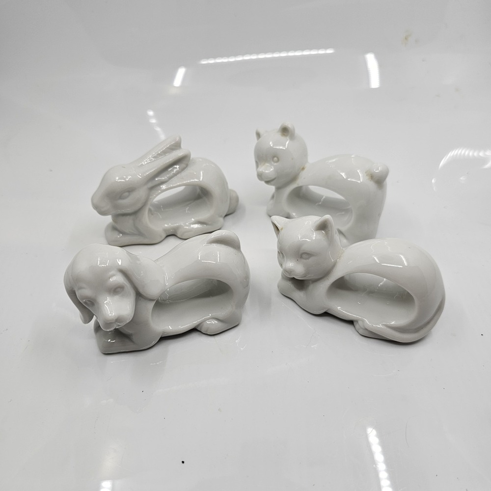 VTG FIGURAL‎ CERAMIC PET ANIMAL NAPKIN RINGS CAT/DOG/BEAR/RABBIT JAPAN EXCELLENT